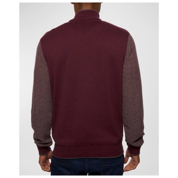 NWT Alan Flusser Quarter Zip Herringbone Knit Sweater Burgundy XL - Picture 2 of 11